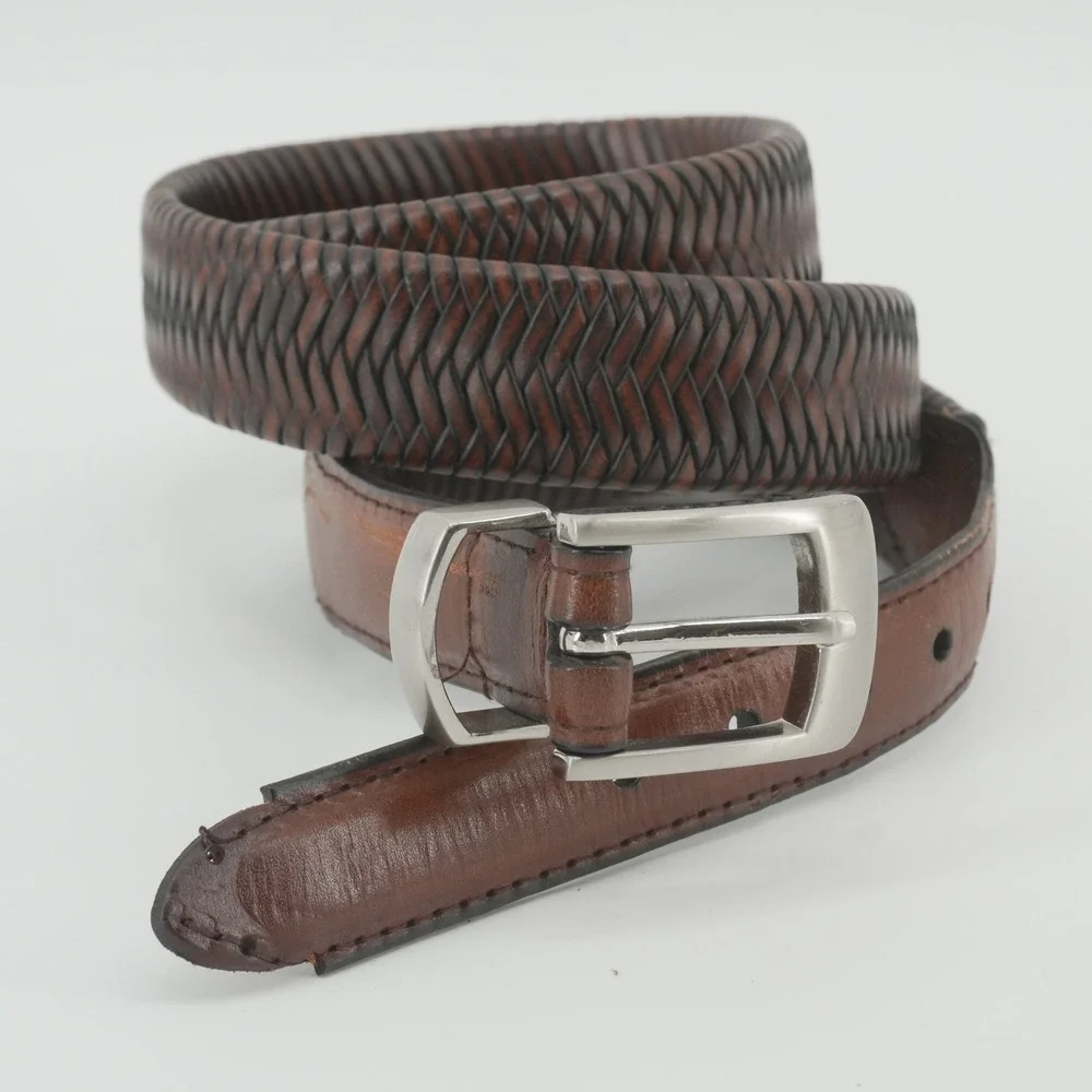 Braided Leather Belt Mens 38-40 Brown Herringbone Woven Silver Buckle